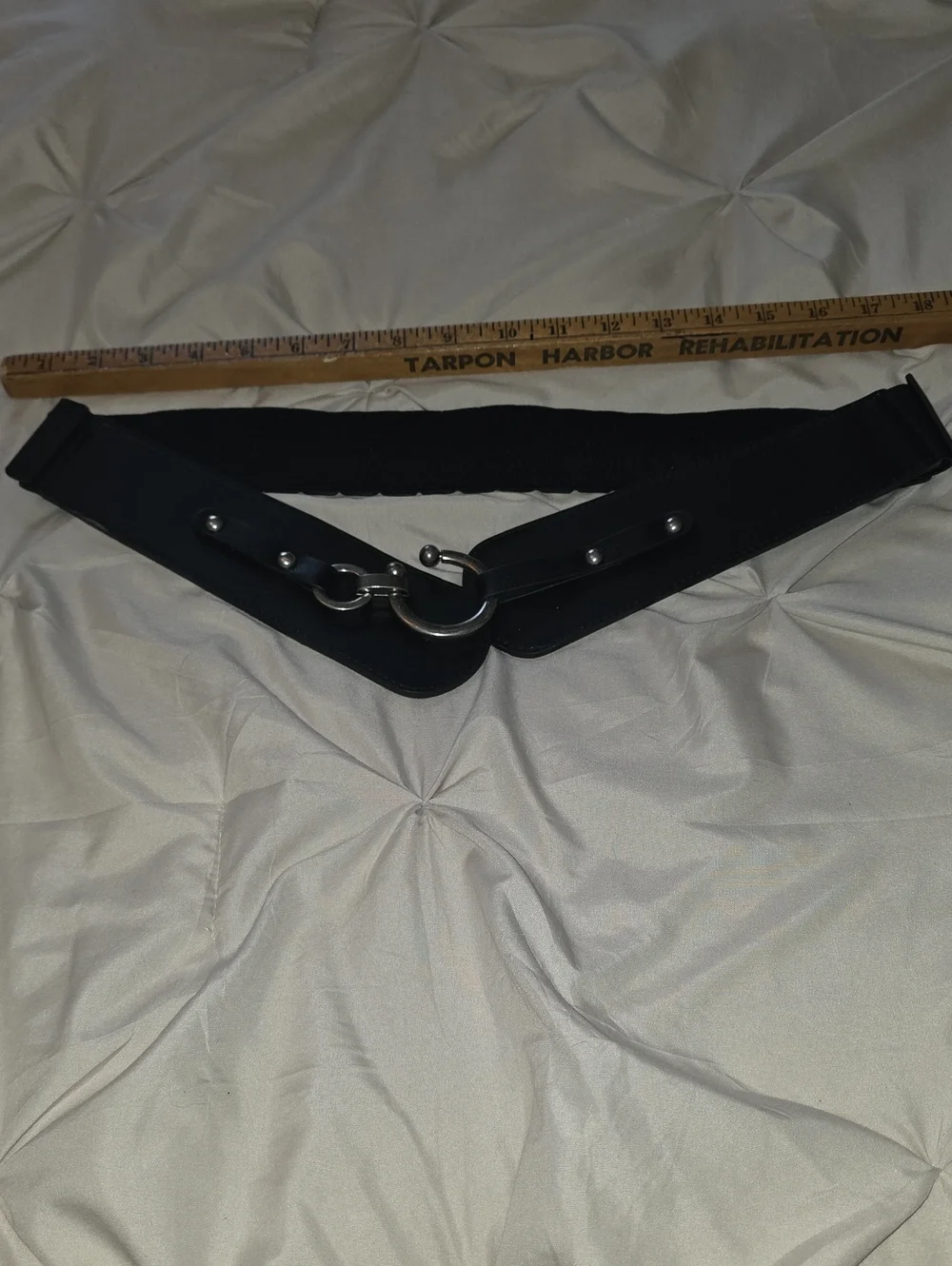 +Stretch Black Waist Belt with Silver Ring Accent